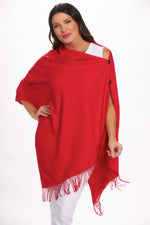 Front image of red 2 button cashmere wrap. Red with fringe. 