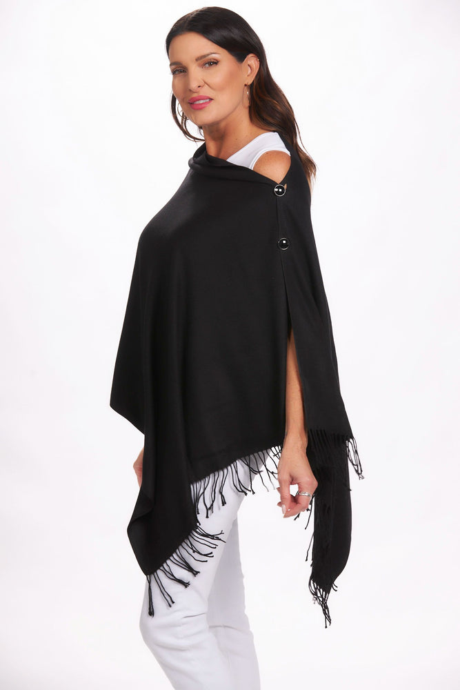 Side image of 2 button cashmere wrap top. Black shawl. 