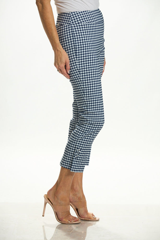 Side image of UP! navy gingham printed pants. 