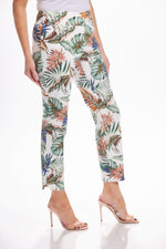 Side image of Up! petal leg ankle pants. Lotus tropical printed pants. 