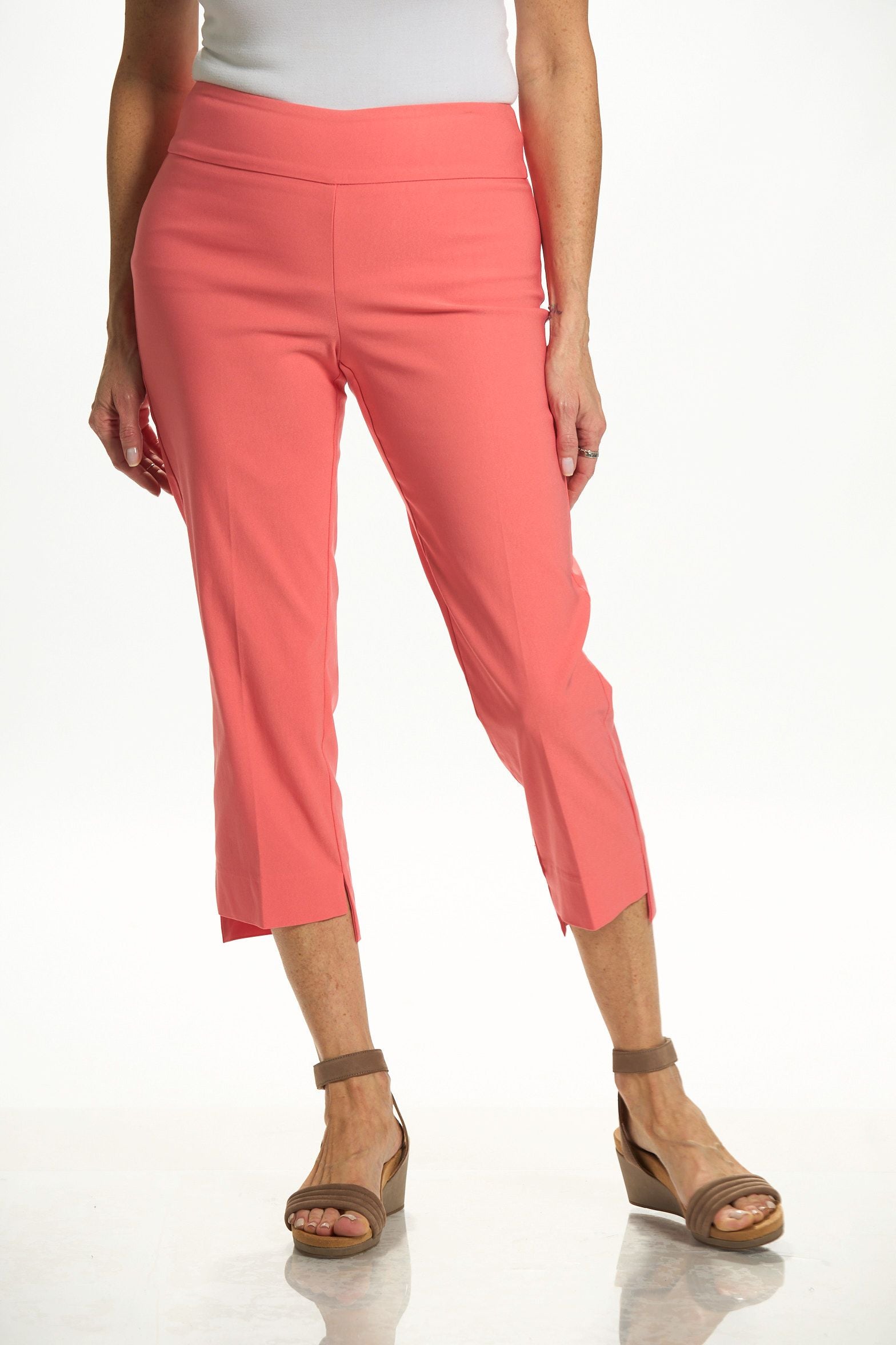Front image of UP! coral high/low capri. 