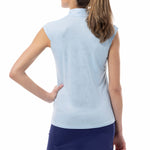 Back image of SanSoleil solshine sleeveless zip top. Blue and silver printed tank. 