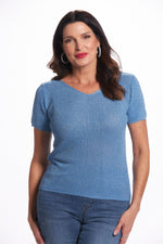 Front image of look mode short sleeve shimmer sweater. Blue shimmer top. 