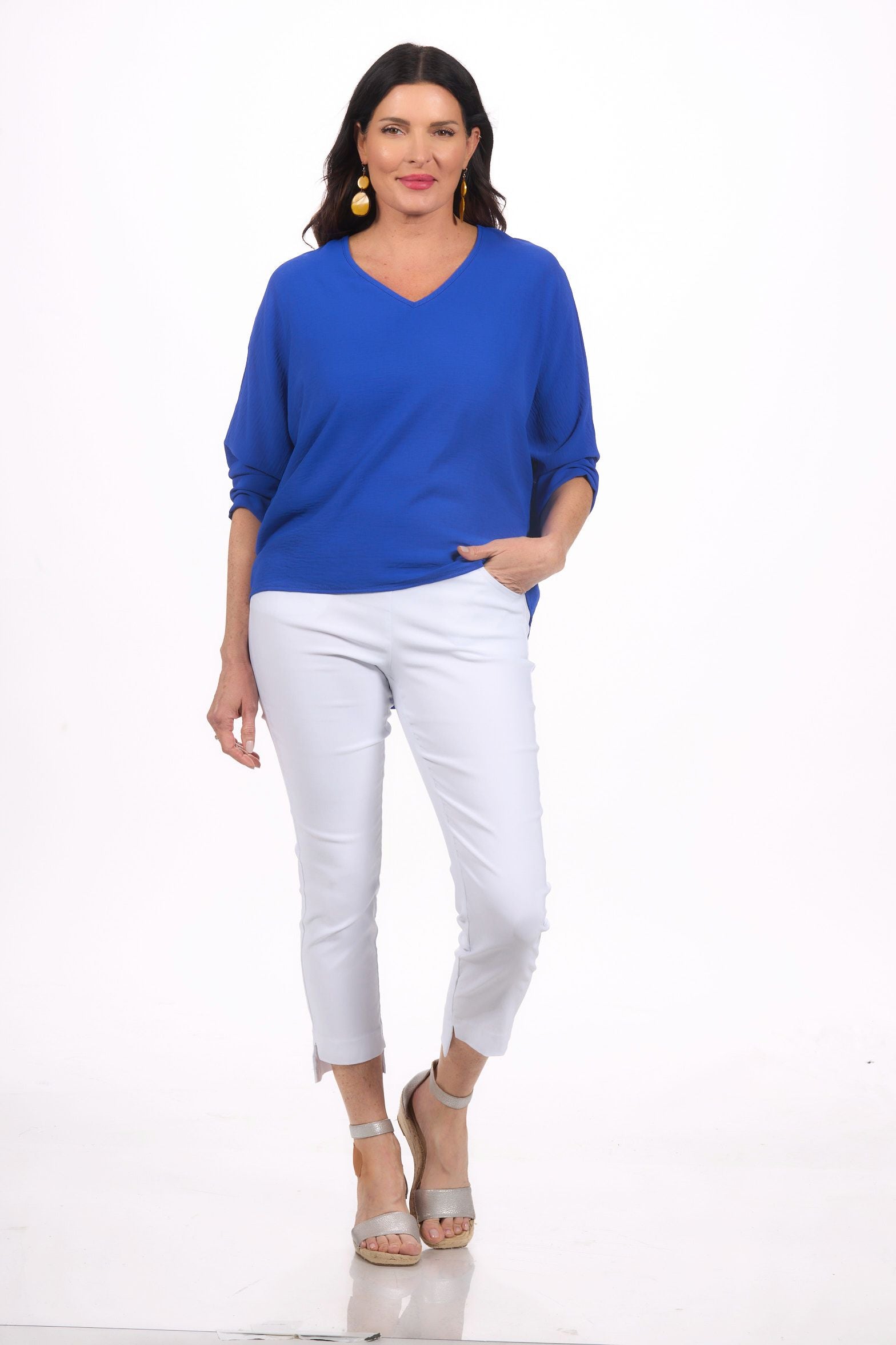 Front image of last tango air flow v neck top.