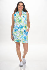 Front image of Anaclare hadley sleeveless top. White and aqua printed tank. 