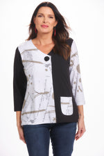 Front image of Parsley and sage 3/4 sleeve v-neck pocket top. Black and white geo printed top. 