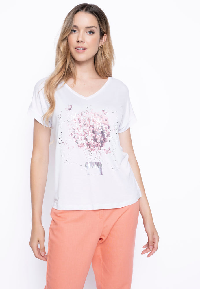 Front image of Picadilly short sleeve v-neck top. Coral and white printed short sleeve top. 
