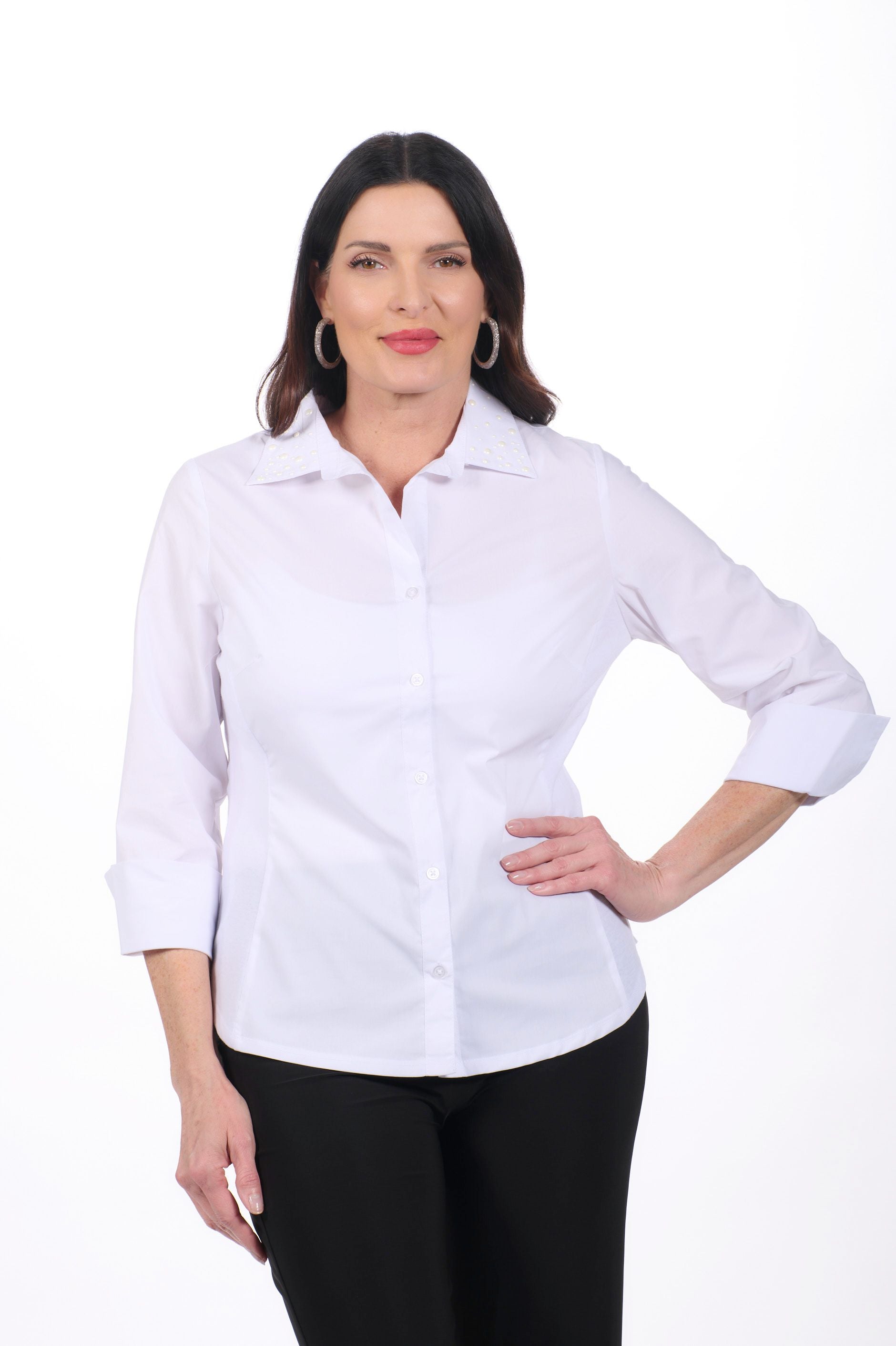 Front image of white pearl collar blouse by Elo.