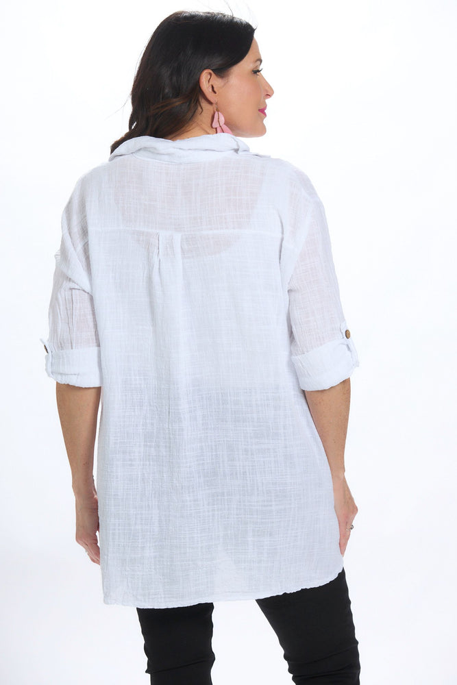 Back image of made in italy button front white top. 