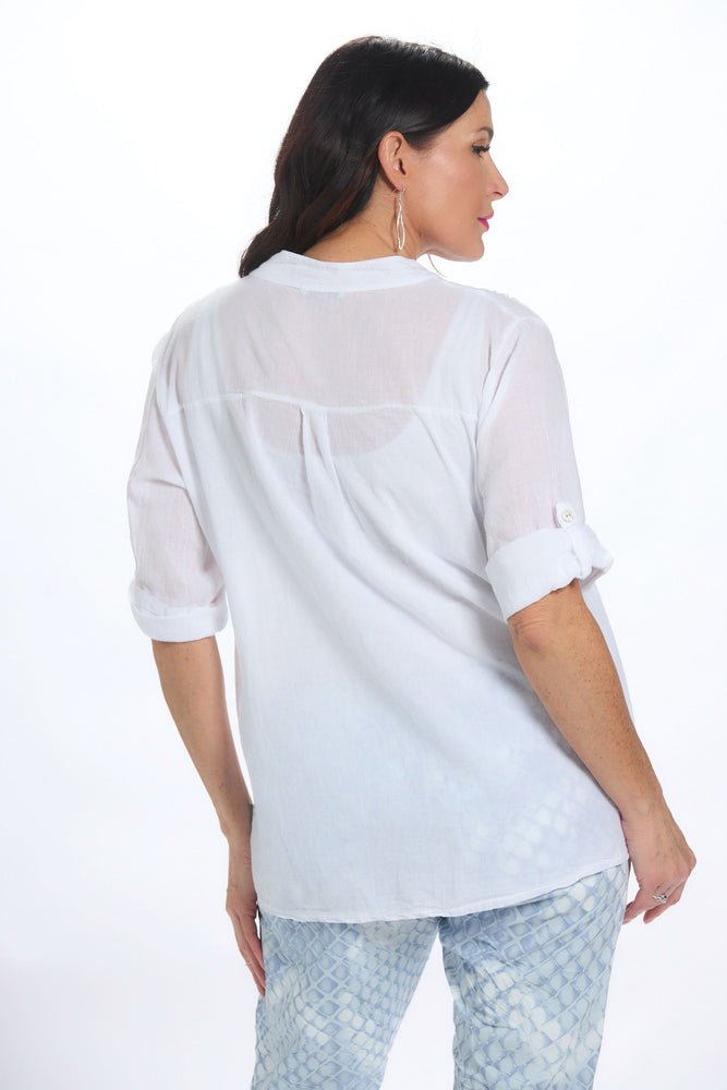 Back image of made in italy white henley embellished heart shirt. Roll sleeve white top. 