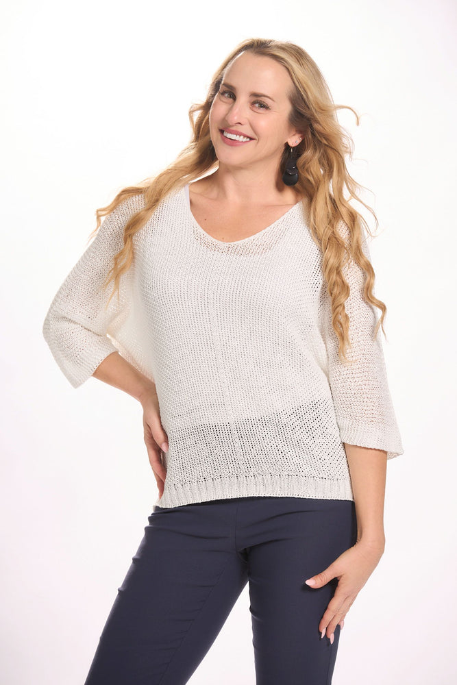 Front image of made in italy white knit sweater. 