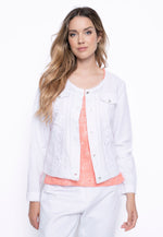 Front image of Picadilly white lace trim jacket. 