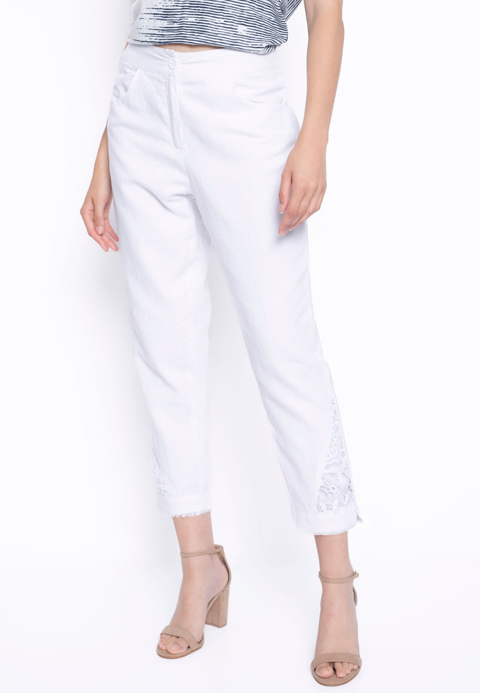 Front image of white button lace trim pants. Picadilly white bottoms. 