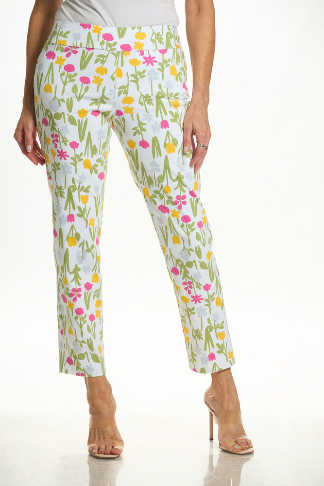Front image of Krazy Larry white multi tulips pants. 