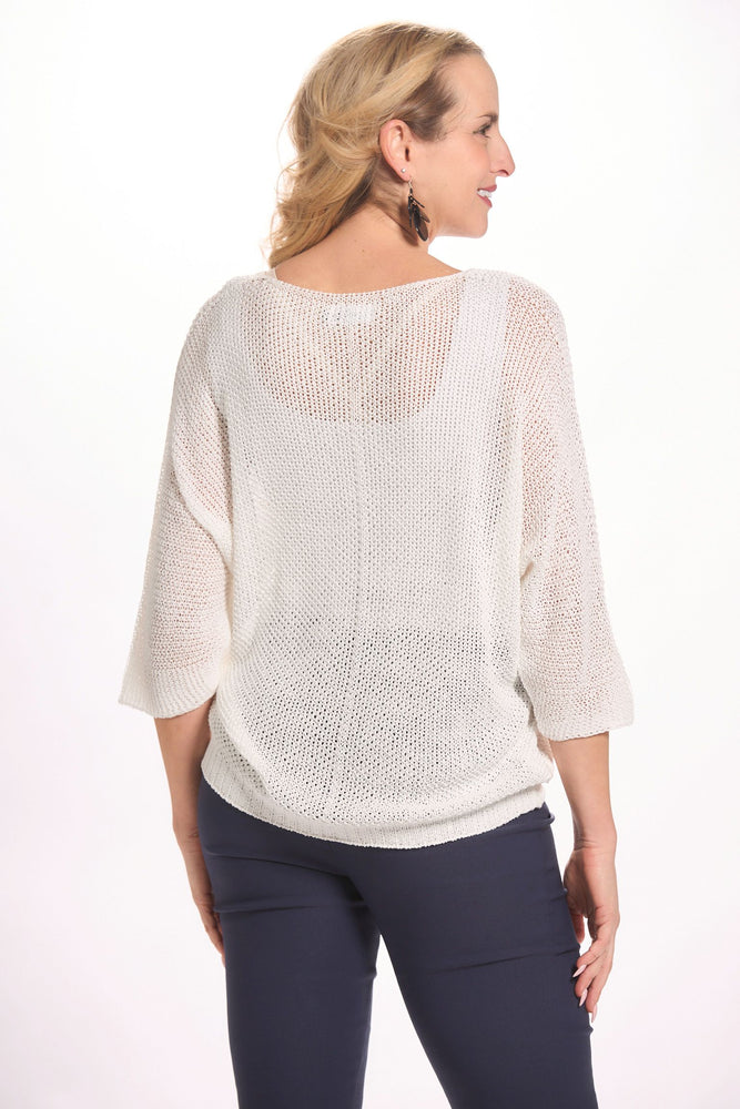 Back image of made in italy white knit sweater. 