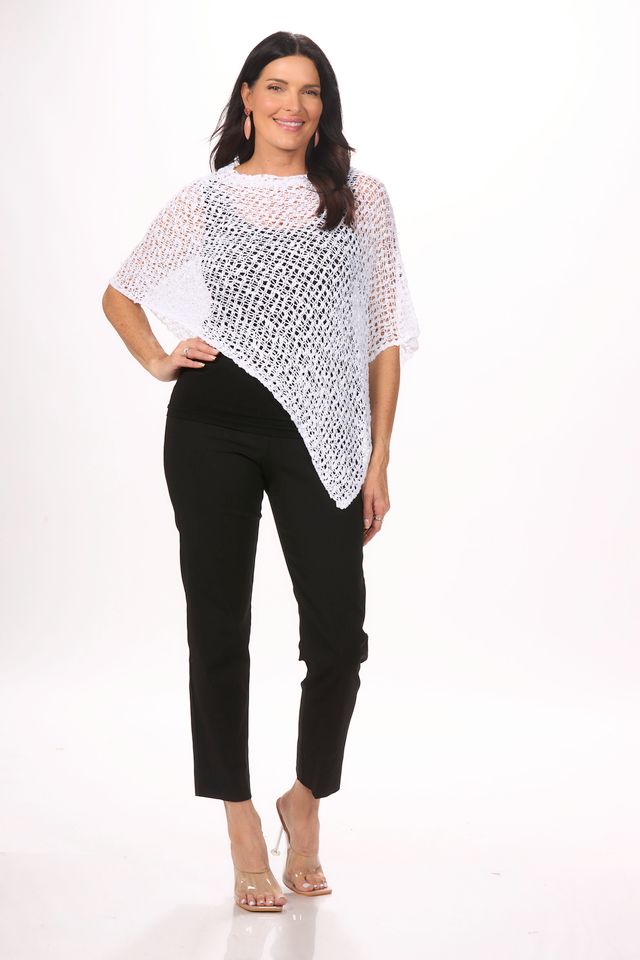 Front image of white popcorn poncho by lost river.