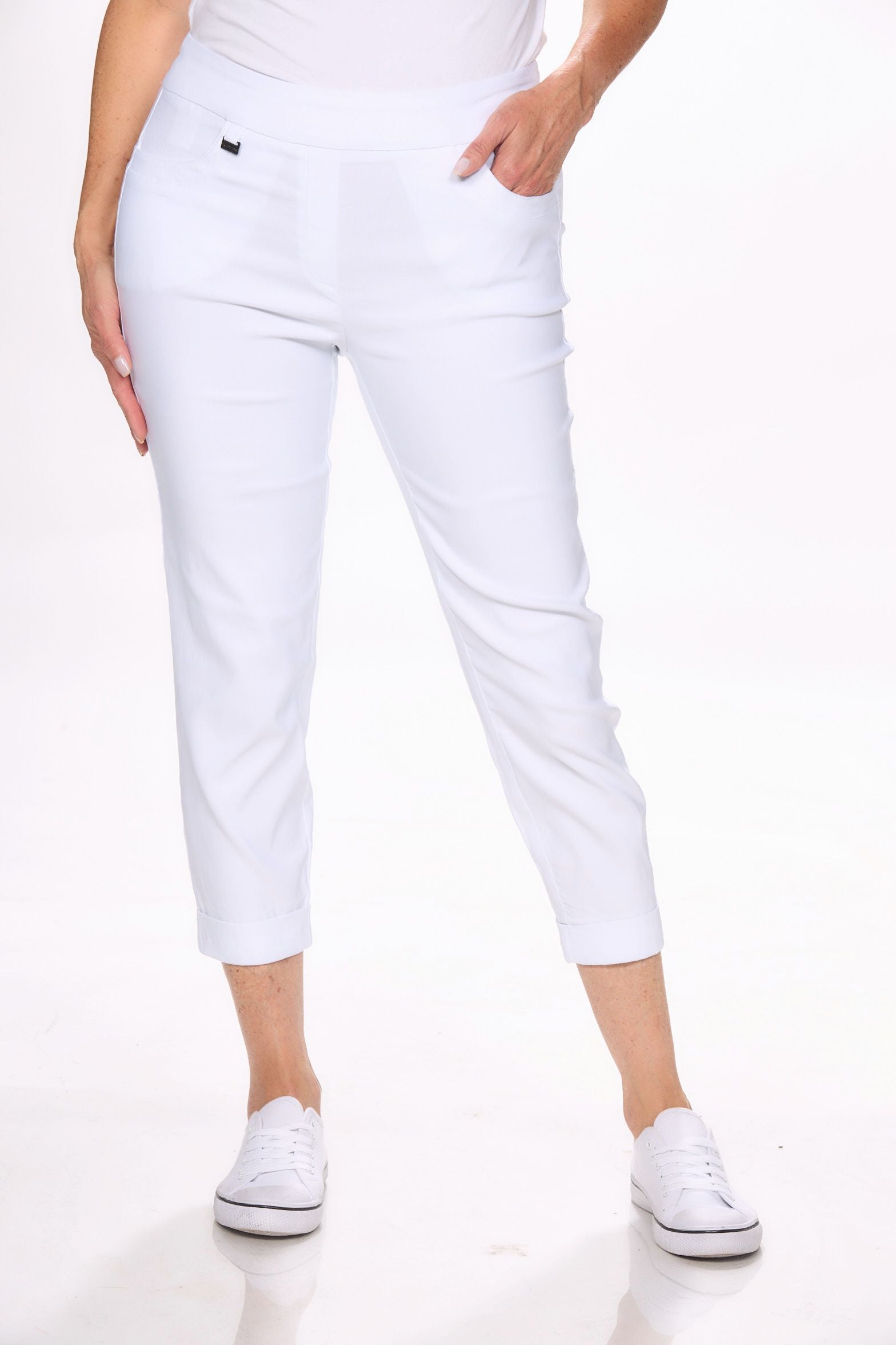 Front image of Picadilly white pull on capri bottoms.