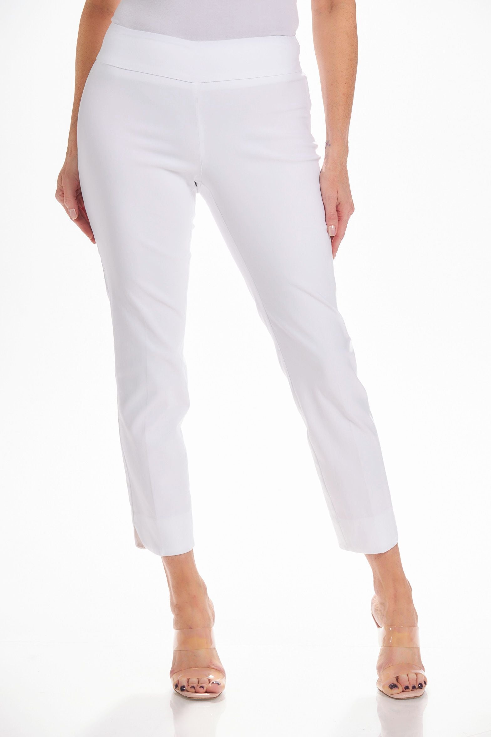 Front image of UP! petal leg ankle pants. White pull on basic pants. 