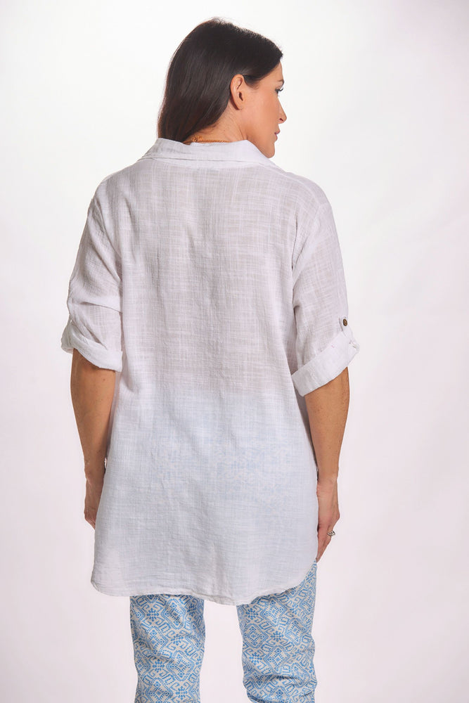 Back image of Catherine lily white roll sleeve top. 
