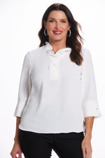 Front image of off white ruffle 3/4 sleeve air flow top. 