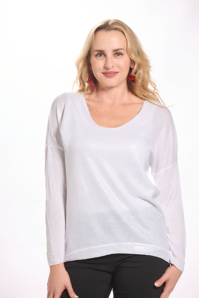 Front image of made in italy white shimmer long sleeve top. 