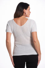 Back image of white shimmer v-neck top. Look mode white shimmer sweater. 