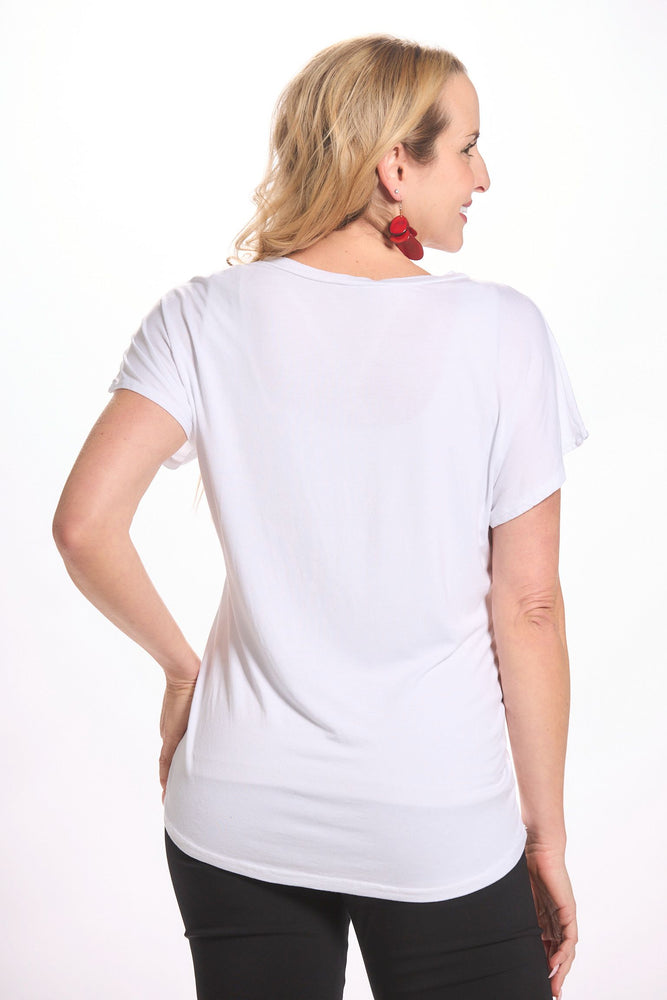 Back image of short sleeve made in italy top. White stain front top. 