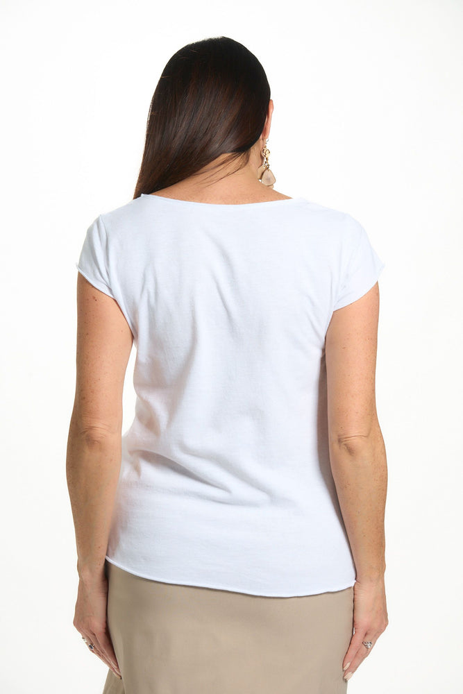 Back image of white tee shirt in hot air balloon print. 