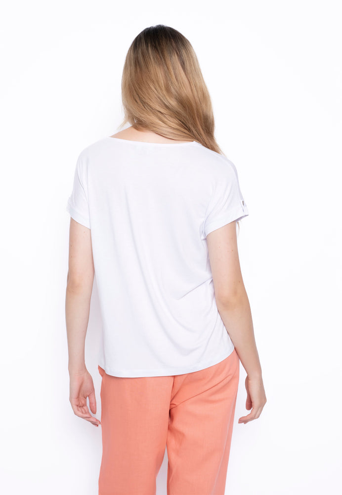 Back image of Picadilly short sleeve v-neck top. Coral and white printed short sleeve top. 