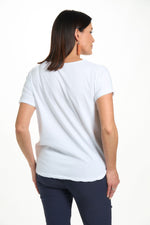 Back image of white sneakers tee shirt. 
