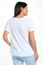Back image of white tee shirt in hot air balloon print. 
