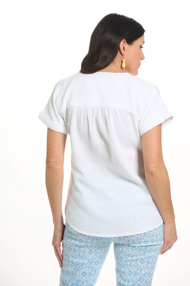 Back image of lulu b white gauze short sleeve top. 
