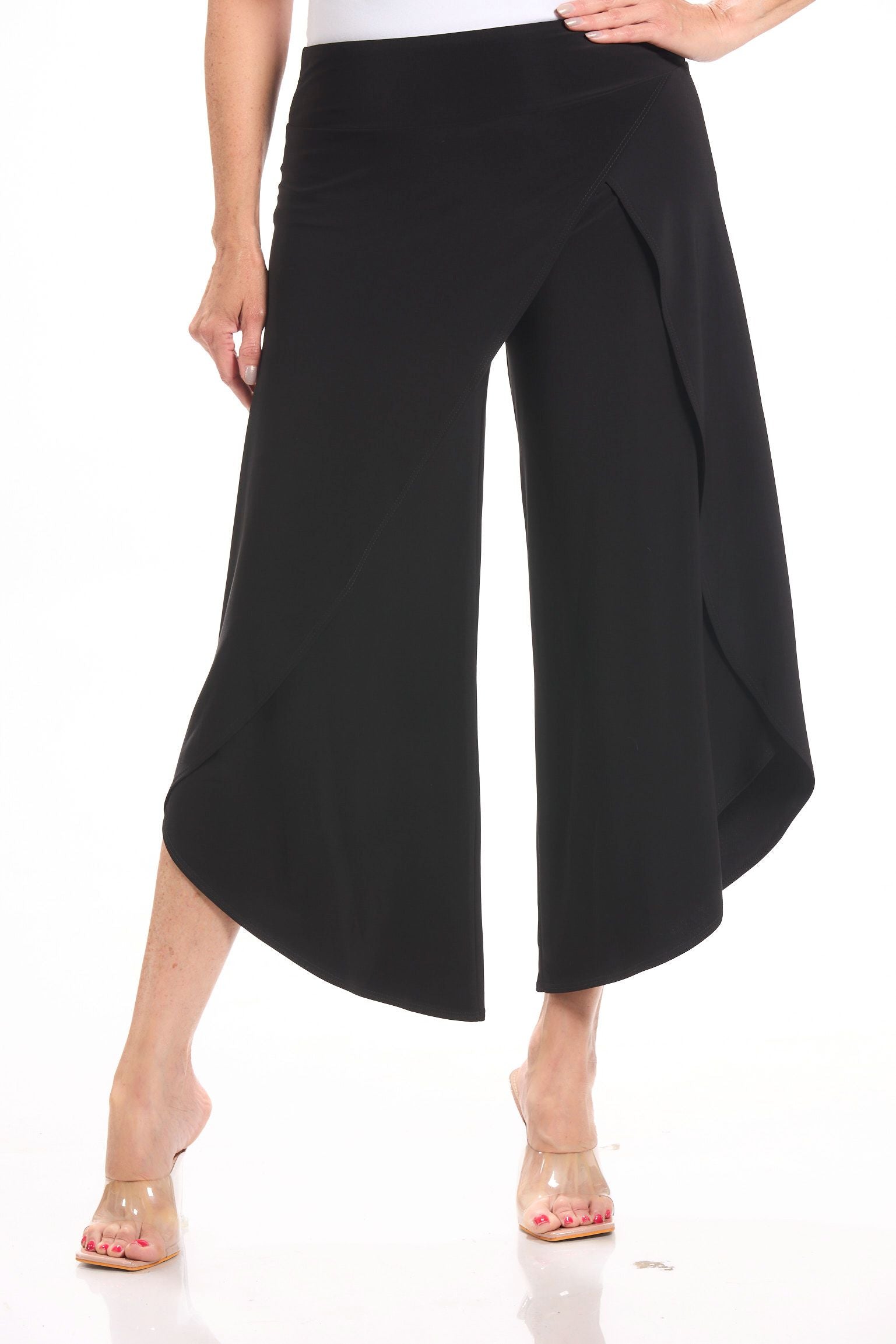 Front image of Picadilly pull on black wrap pant.