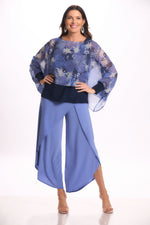 Front image of periwinkle wrap pants. Pull on pants by Mimozza. 