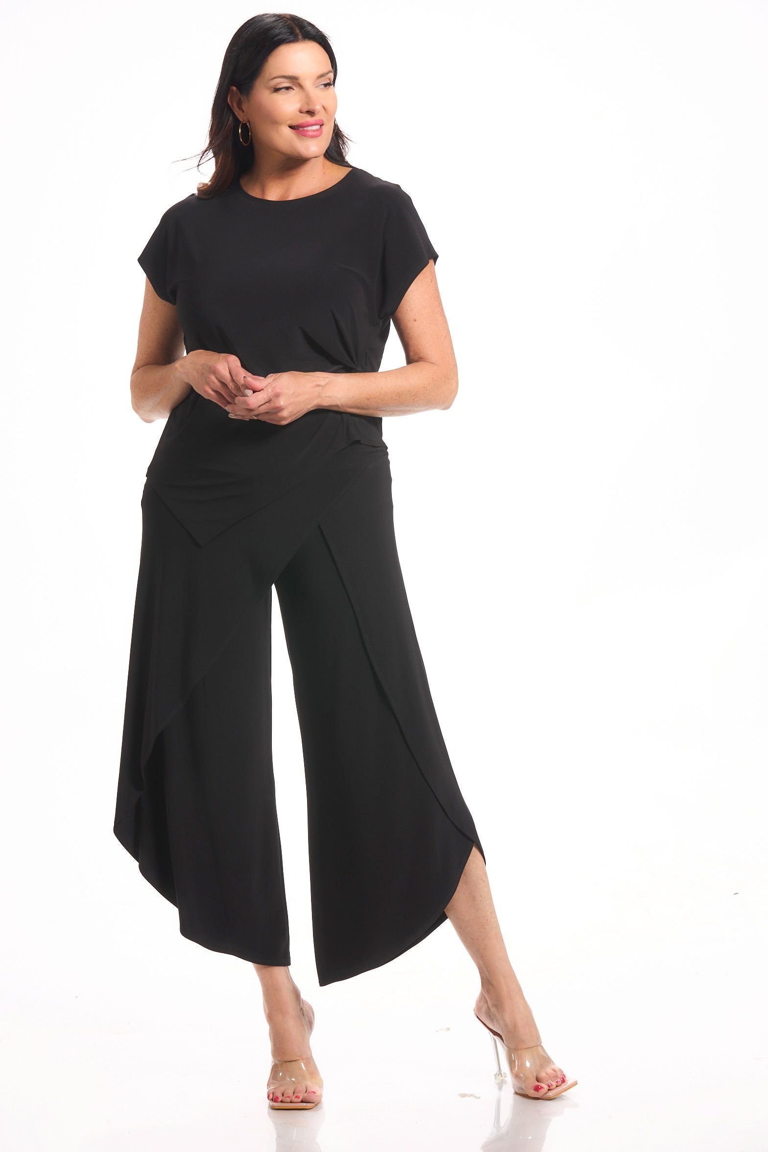 Front image of Picadilly pull on black wrap pant.