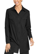 Front image of Coolibar's santorini tunic shirt. Long sleeve black button front shirt.