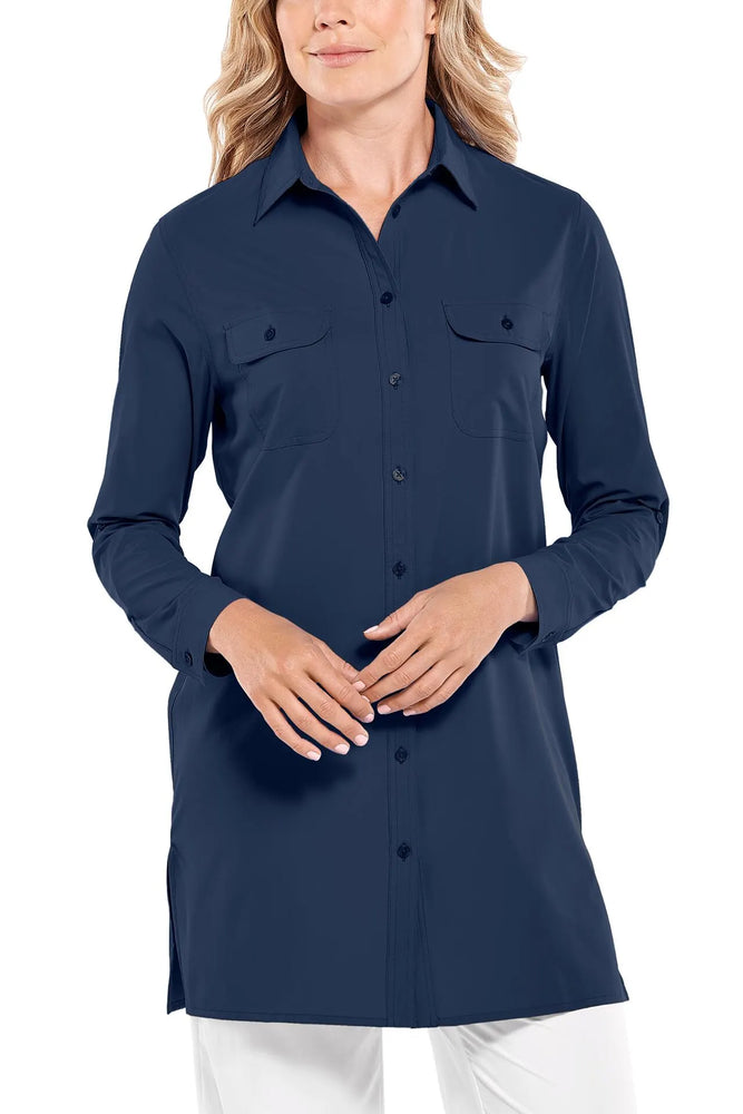 Front image of Coolibar Santorini tunic shirt. Long sleeve navy top. 