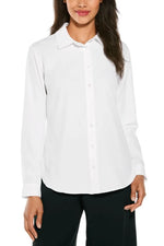 Front image of Coolibar Rhodes Shirt. White long sleeve button front top. 
