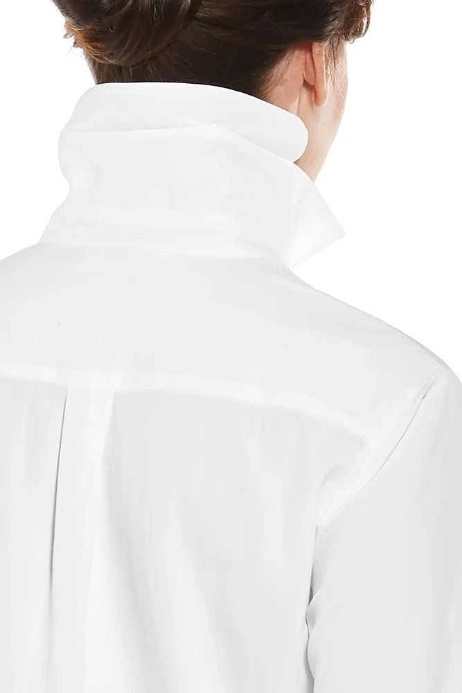 Neck detail image of Coolibar Rhodes Shirt. White long sleeve button front top. 