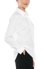 Front image of Coolibar Rhodes Shirt. White long sleeve button front top. 