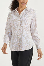 Front image of Coolibar Rhodes Shirt. Long sleeve button front shirt. 