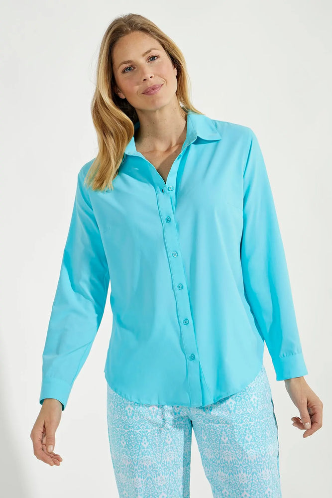 Front image of Coolibar Rhodes Shirt. Aqua blue long sleeve top. 