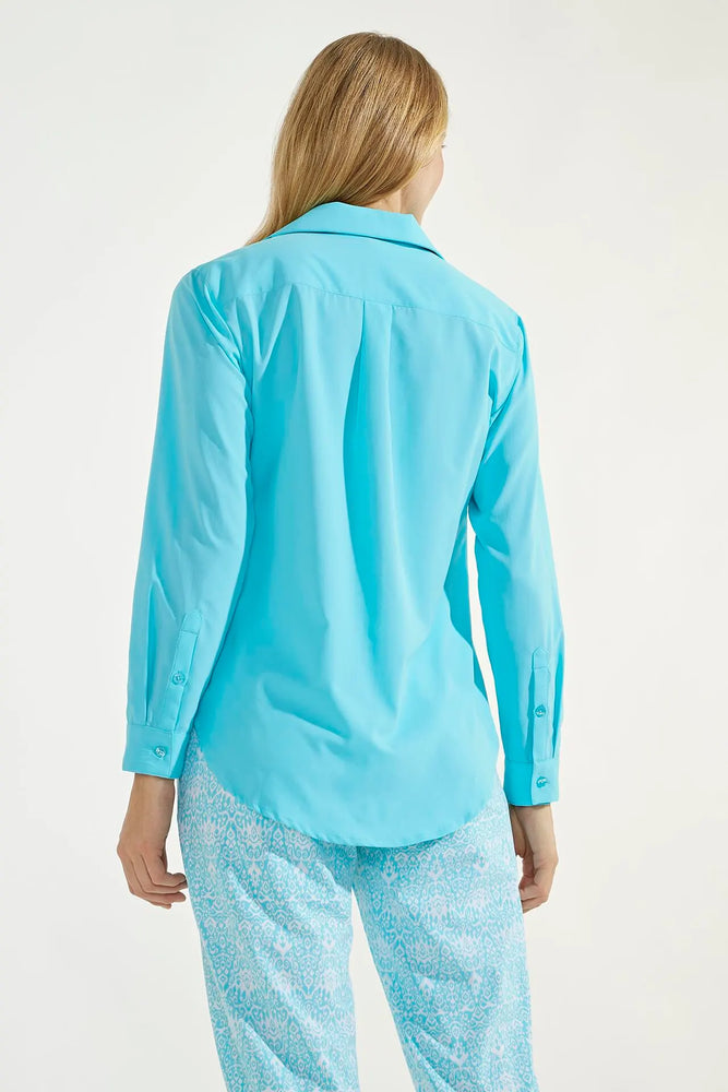 Back image of Coolibar Rhodes Shirt. Aqua blue long sleeve top. 