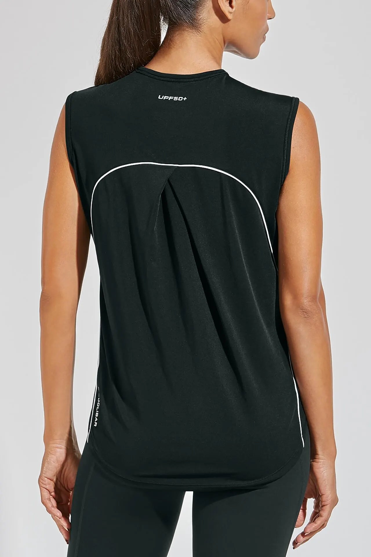 Back image of Coolibar accelera tank top. Sleeveless tank top in black. 