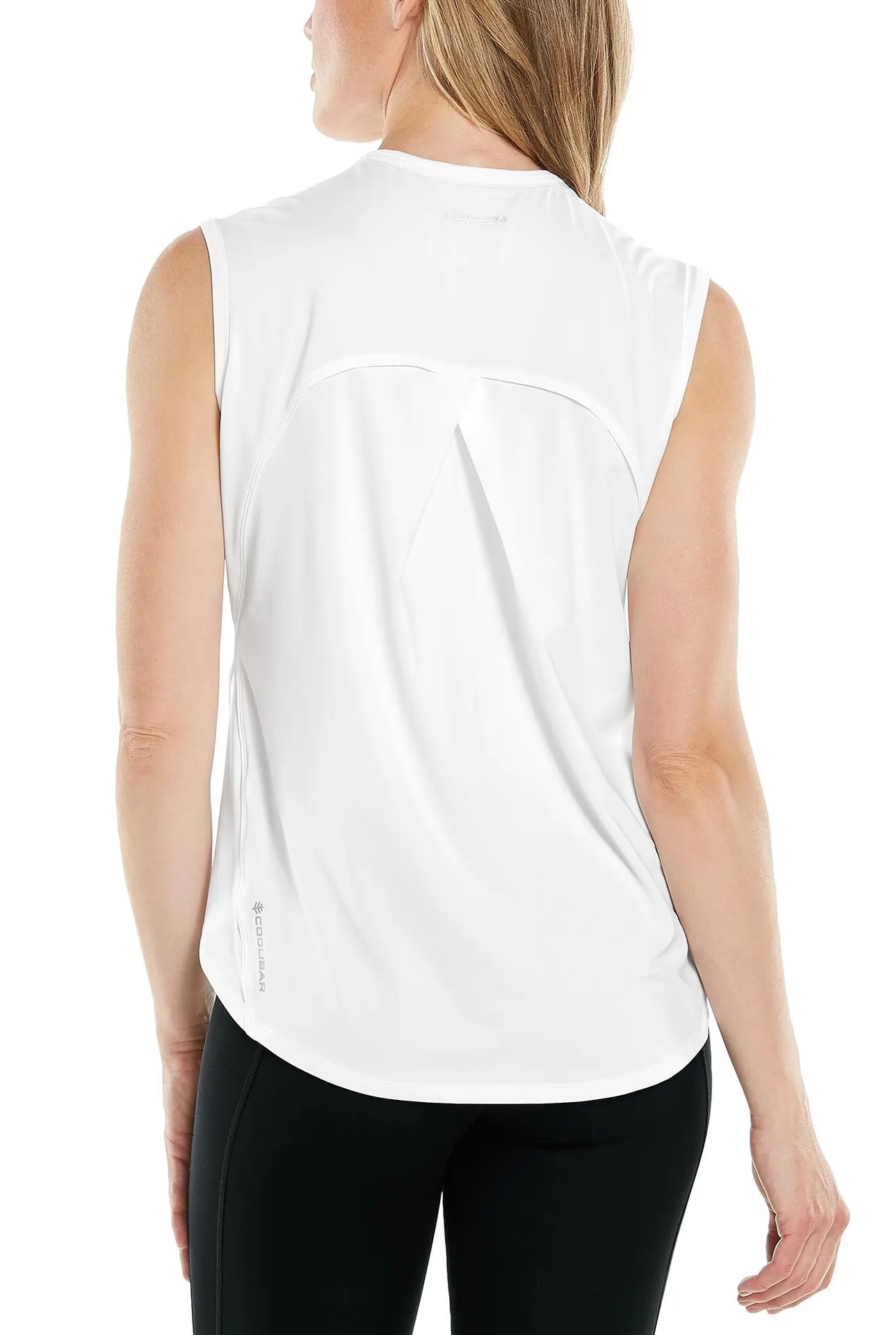 Back image of Coolibar Accelera tank. White sleeveless tank top. 