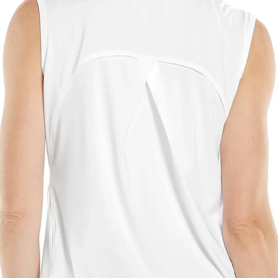 Zoomed back image of Coolibar Accelera tank. White sleeveless tank top. 