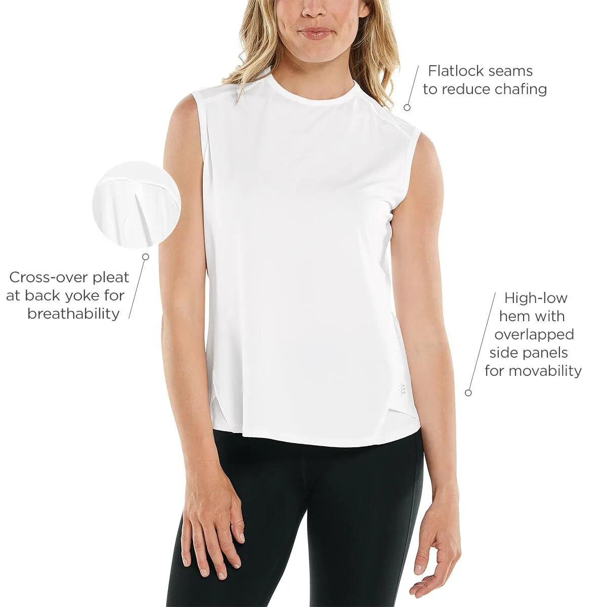 Front image of Coolibar Accelera tank. White sleeveless tank top. 