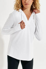 Front image of Coolibar Catalina Hoodie Tunic top. Long sleeve top in white. 