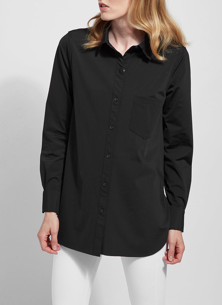 Front view of Lysse Shiffer button down top. Long sleeve button front black top. 