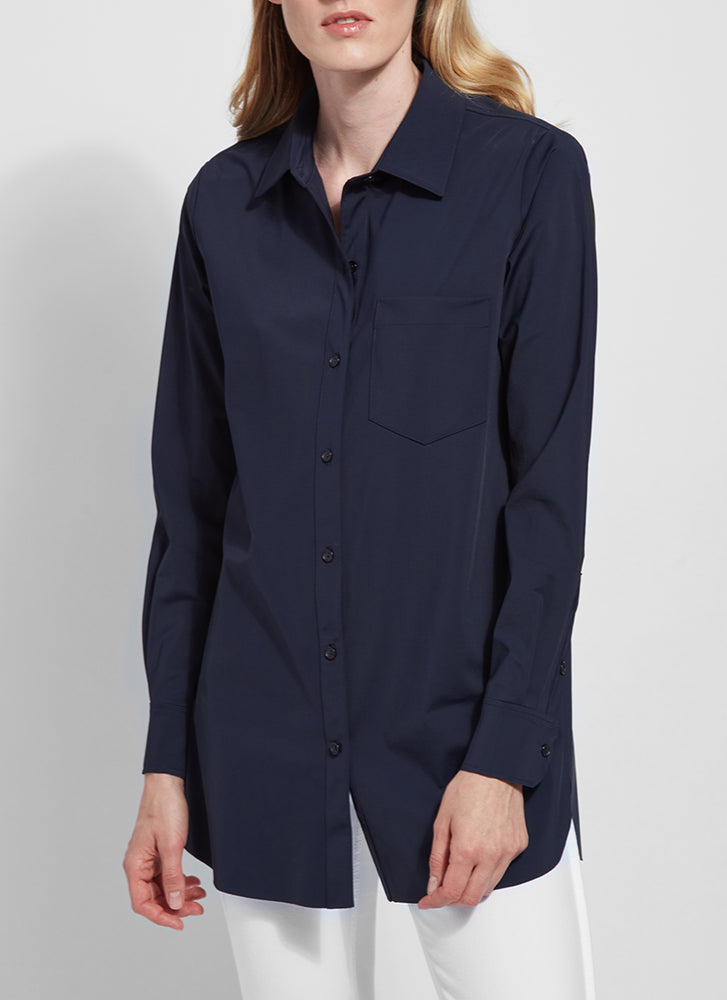 Front view of Lysse schiffer button down top. True navy long sleeve top. 
